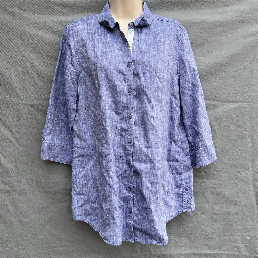 CHICO'S Size 1 I US 8/10 M No Iron 100% Linen Quarter Sleeves Button Front Shirt